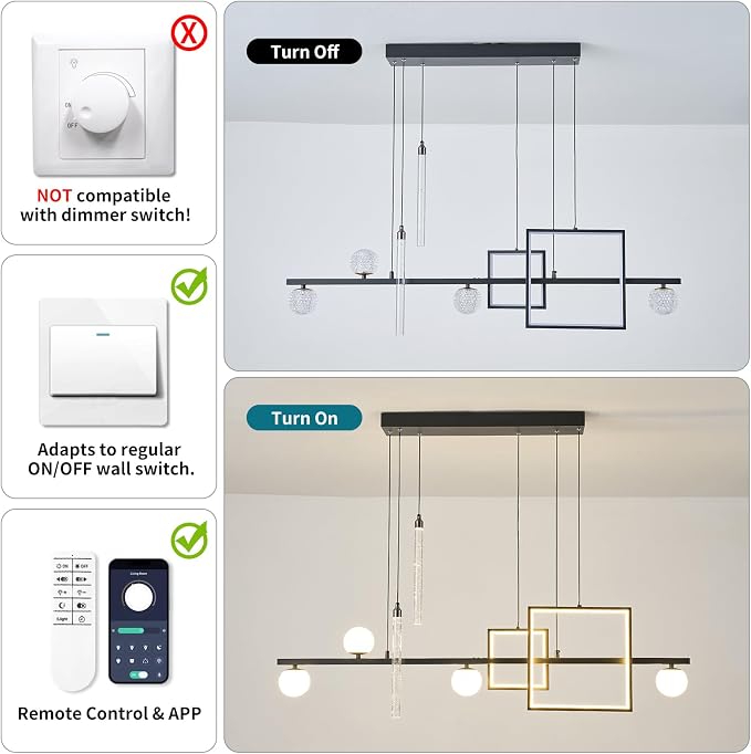 ORANOOR Modern LED Pendant Lights, 47inch Dimmable Linear LED Chandelier | Square Black & Gold Dining Room Hanging Light Fixtures Kitchen Island Globe Pendant Lighting for Dining Table (4200lm) - Image 6