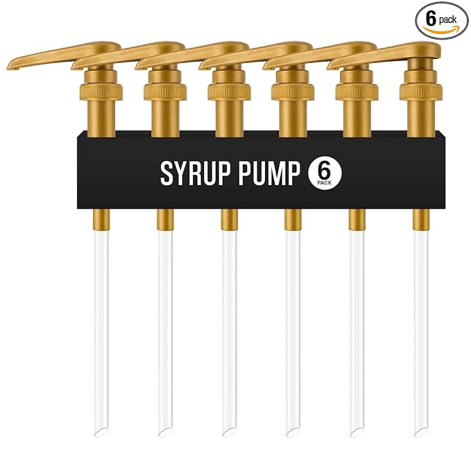 Syrup Pump for Coffee Syrup Bottles – 6-Pack Dispenser Pumps Fits 750ml / 25.4 oz Flavoring Syrup Bottles – Compatible with Torani & More – Gold Coffee Syrup Dispenser Pump for Home & Cafe Use