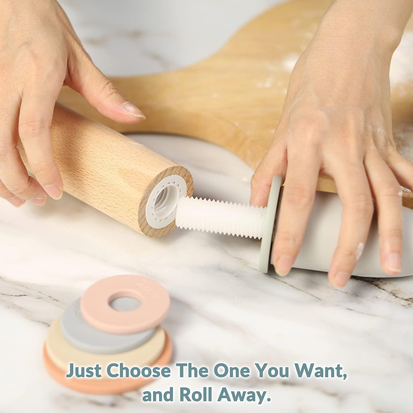Adjustable Wooden Rolling Pin with Thickness Rings and Measurement Guide