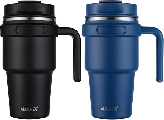 20 oz Insulated Coffee Mug Tumbler with Handle, Stainless Steel Travel Mug Tumbler with Lid and Straw,Double Wall Vacuum Leak Proof Ice Coffee Thermal Cup, Black and Navy by ALOUFEA