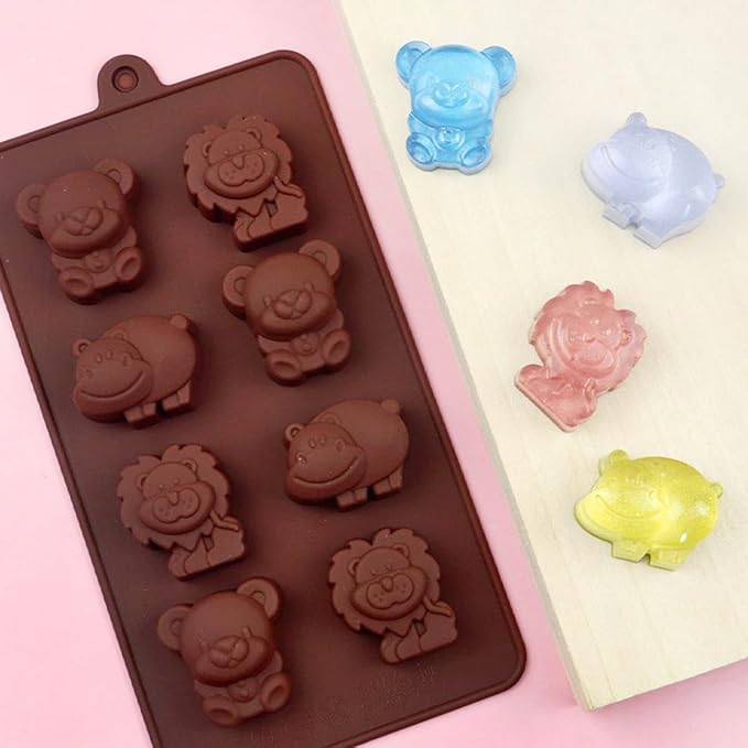 LeLehome Set of 2 Silicone Chocolate Molds, Non-Stick Animal Cake Muffin Candy Baking Mold Bakeware for Ice Cube, Soap, Candle, Jello, Lion, Hippo and Bear