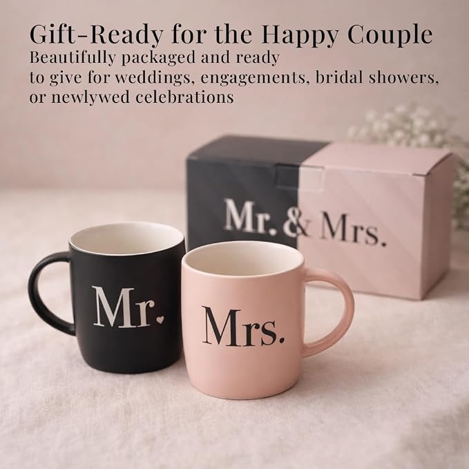 Triple Gifffted Mr and Mrs Coffee Mugs Couples Gifts Ideas for Wedding Anniversary Engagement Valentines Christmas His Hers Present Husband Wife Him Her Men Women, Bride Groom Newlyweds, Ceramic 13Oz - Image 3