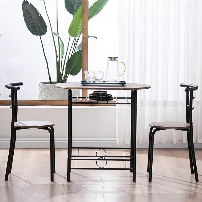 VINGLI 3 Piece Dining Set, Small Kitchen Table Set for 2, Breakfast Table Set, Kitchen Wooden Table with 2 Chairs for Small Space/Dining Room/Apartment, Metal Frame, Wine Rack, Burnt Brown - Image 5