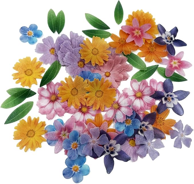 Set of 60 Edible Flowers & Leaf Cupcake Toppers Wedding Cake Party Food Decoration Mixed Size & Colour for Anniversary - Image 2