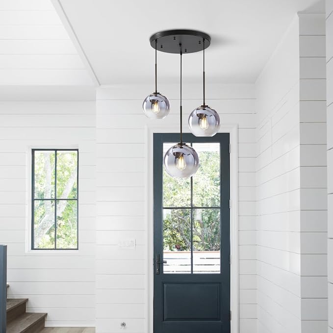 KCO Lighting Modern 3-Light Hanging Light Fixture Silver Gradient Glass Globe Pendant Ceiling Lighting with Adjustable Cord Mid Century Hanging Chandelier Light Fixture for Kitchen Island Bedroom… - Image 3