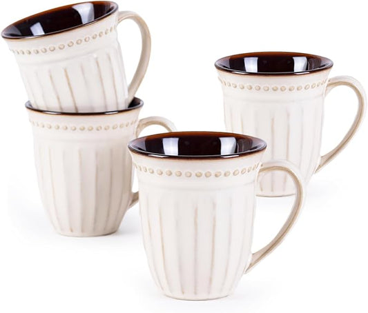 12oz French Perle Groove Ceramic Mugs Set of 4, Off White Pearl Texture, Dishwasher Microwave Oven Safe, for Latte, Cappuccino, Tea, Espresso & Hot Cocoa, Ideal Gift for Him, Her, Dad & Mom by WHITEPENOY