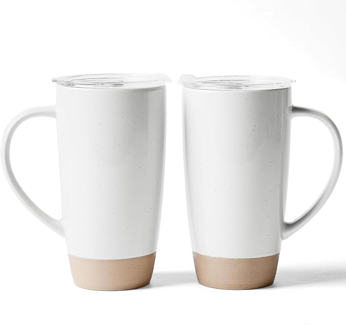 famiware Milkyway Coffee Mugs, 20oz Large Coffee Mug, Ceramic Mug Set of 2 with Lid, Cup Set with Handle for Latte, Tea, Cocoa, Milk, Home & Office, White by Famiware