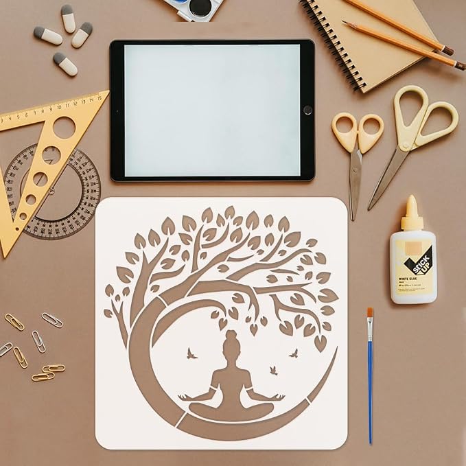FINGERINSPIRE Tree of Life Stencil with a Paint Brush 11.8x11.8Inch Reusable Yoga Practitioner Stencil PET Birds Yoga Decoration Template Plant Theme Template for Wood Wall Floor Furniture - Image 3