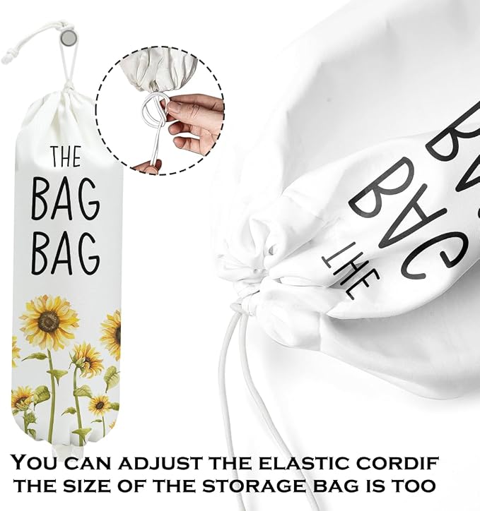 Sunflower Plastic Bag Holder, Wall Mount Grocery Bag Holder for Plastic Bags | Pull Rope Free Adjustment, Sunflower Reusable Shopping Bags Storage Dispenser for Home Kitchen Pantry, 22.5x9 Inch - Image 4