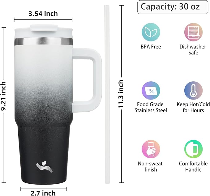 Konokyo 30 oz Insulated Tumbler Water Bottle with Handle, Straw Lid | BPA-free and dishwasher safe; made for gym, travel, coffee and gifting, 2 straws, cup holder friendly,Day Night - Image 4