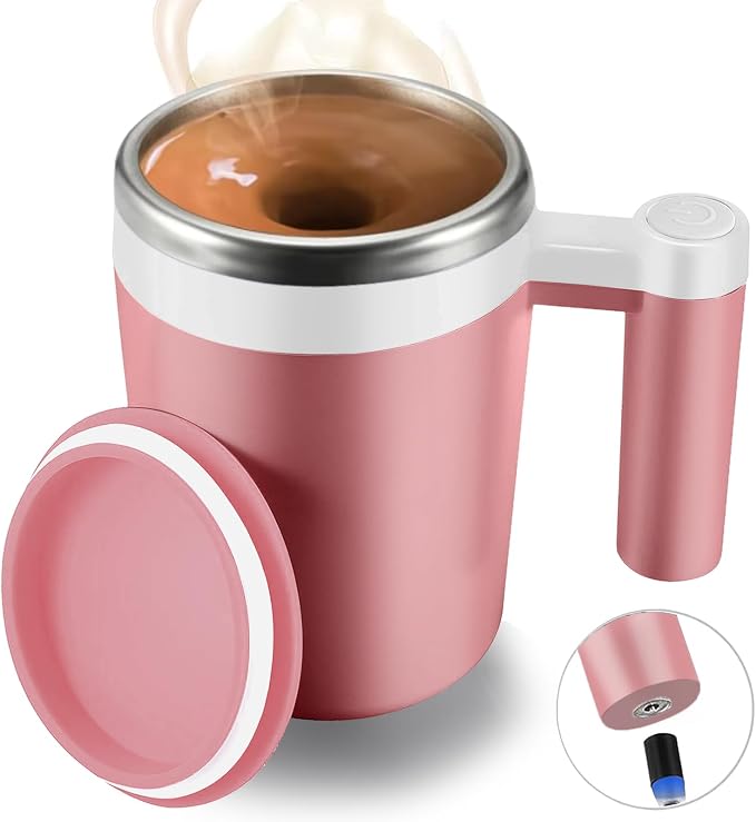 Self Stirring Mug,Rechargeable Auto Magnetic Coffee Mug with 2Pc Stir Bar,Waterproof Automatic Mixing Cup for Milk/Cocoa at Office/Kitchen/Travel 14oz Best Gift - Pink by FCSWEET
