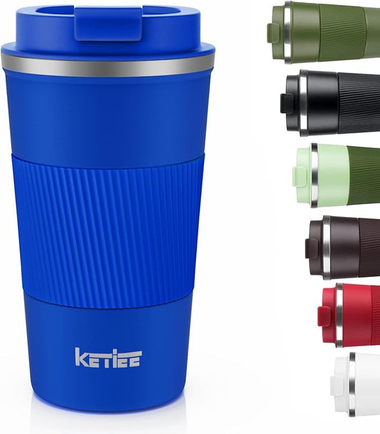 KETIEE Travel Coffee Mug 12oz: Insulated Travel Mug with Leakproof Lid, Reusable Coffee Cups with Seal Lid, Vacuum Stainless Steel Tumbler to Go for Hot/Ice Drinks (Blue) by KETIEE