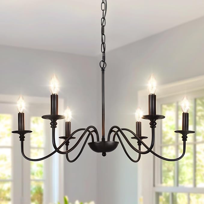 Depuley Farmhouse Chandelier for Dining Room: 6-Light Black Industrial Kitchen Island Pendant Light Fixture - Rustic Candle Chandeliers Vintage Modern Hanging Ceiling Lamp for Bedroom Foyer by Depuley