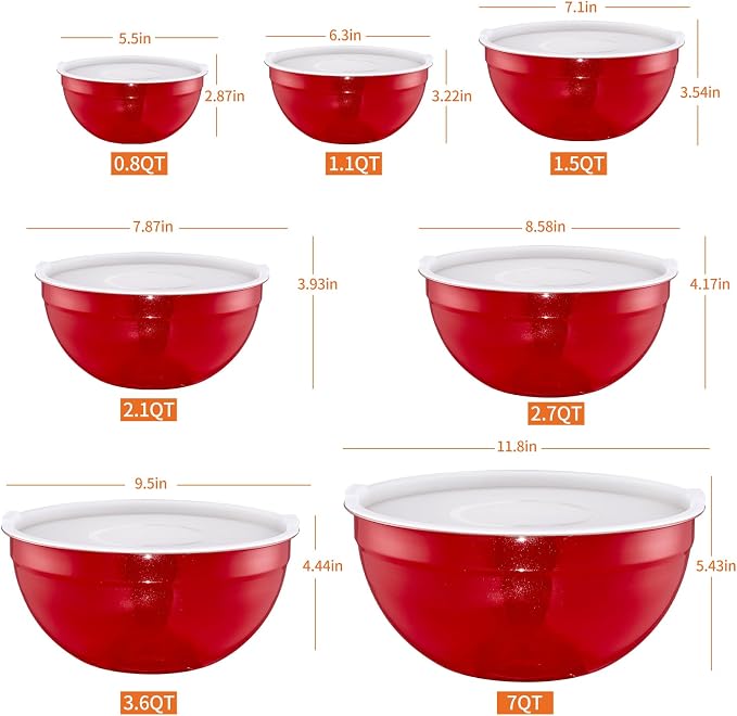 Red Mixing Bowls with Airtight Lids, Stainless Steel Nesting Mixing Bowls Set of 7, Ideal for Baking, Prepping and Serving Food, Size 7, 3.6, 2.7, 2.1, 1.5, 1.1,0.8 QT, Stackable Design - Image 2