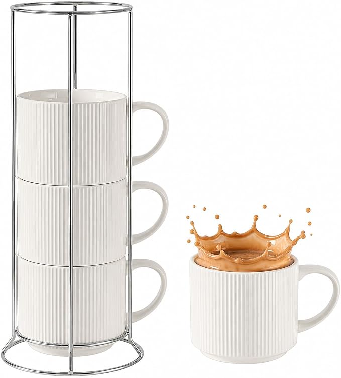 HASENSE Stackable Coffee Mugs,15oz Coffee mugs Set of 4,Ceramic Coffee Mug with Rack,Porcelain Coffee Cups for Latte,Cocoa, Americano, Hot Tea and Milk,Vertical Striped,White by Hasense