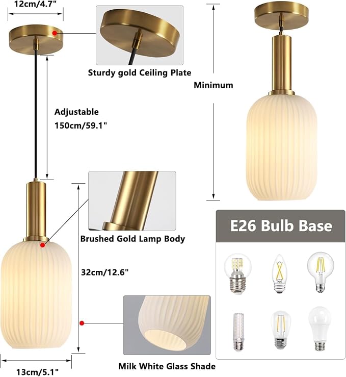 KCO Brushed Brass 5.1” Small White Milk Ribbed Cylinder Glass Pendant Light | E26 Bulb Hardwired, Mid Century Modern Vintage Adjustable Hanging Lamp for Sloped Ceiling Kitchen Island Dining Room Bedroom - Image 2