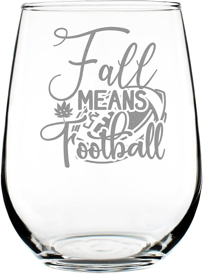 Fall Means Football 17oz Stemless Wine Glass, Hand Engraved Etched Glassware, Autumn Decor, Game Day for Her by Make+Your+Mark+Design