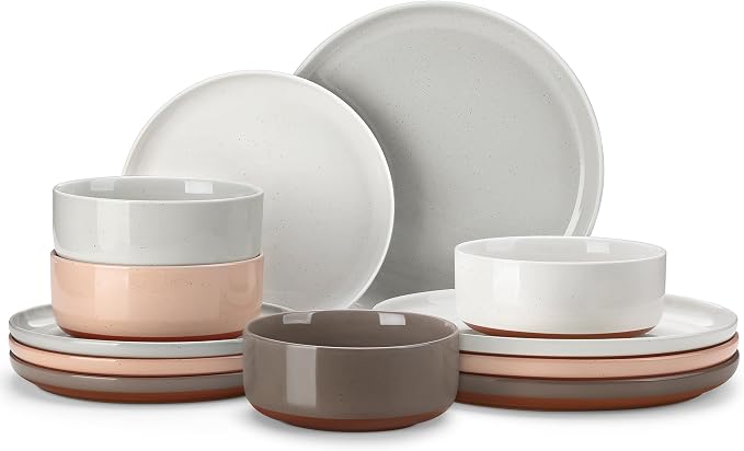 MALACASA Plates and Bowls Sets, 12 Pieces Modern Stoneware Dinnerware Set for 4 Kitchen Dinner Set Ceramic Dishware Dishes Set Microwave and Dishwasher Safe, Multicolor, Series TARA by MALACASA