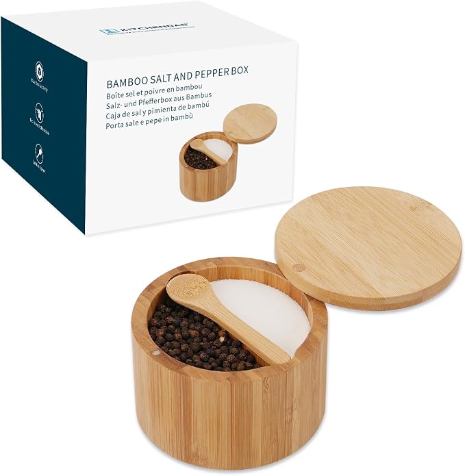 KITCHENDAO Bamboo Salt and Pepper Bowl Box Cellar, Built-in Spoon, Two Compartments Spice Seasoning Container, Sea Salt Cellar Holder, Magnetic Swivel Lid, Dual 5oz Capacity by KITCHENDAO
