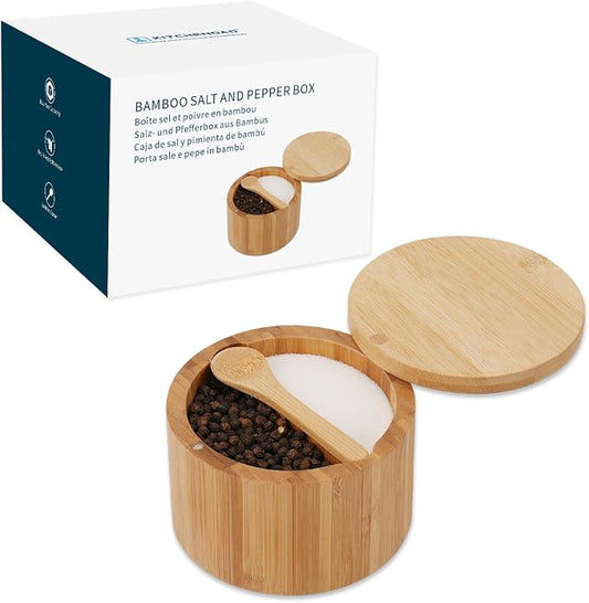 KITCHENDAO Bamboo Salt and Pepper Bowl Box Cellar, Built-in Spoon, Two Compartments Spice Seasoning Container, Sea Salt Cellar Holder, Magnetic Swivel Lid, Dual 5oz Capacity by KITCHENDAO