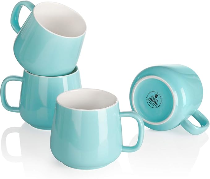 Teocera Ceramic Coffee Mug Set of 4-12 oz Coffee Mugs with Large Handles for Hot or Cold Drinks Like Latte, Cocoa, Tea or Juice - Smooth Ceramic, Dishwasher Safe, Turquoise by Teocera