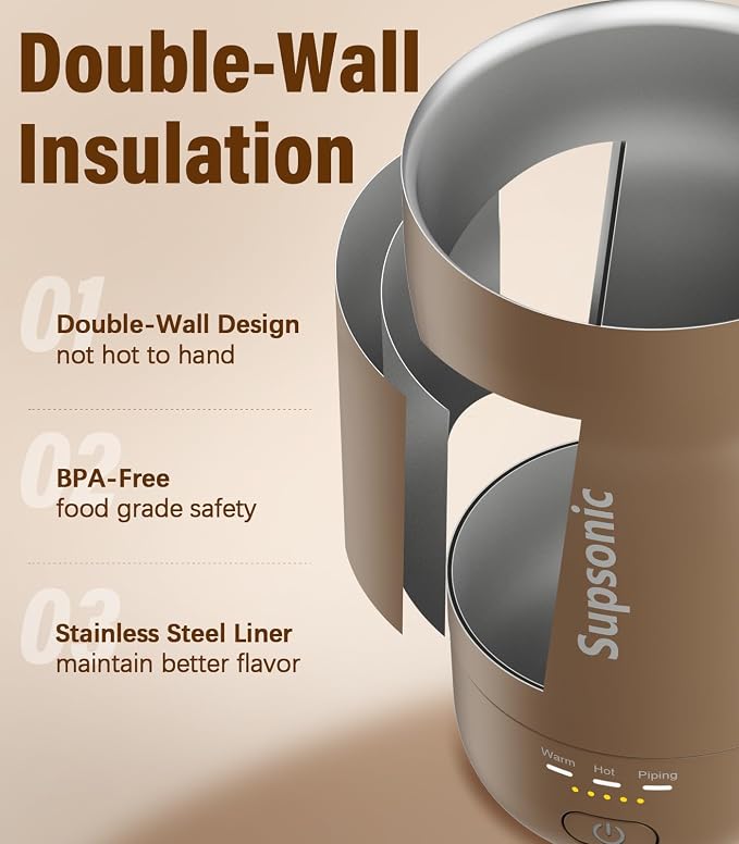 Supsonic - 14oz Heated Coffee Mug, Self-Heating Travel Mug with 3-Temp Settings, Insulated Stainless Steel Constant Temperature Heating Mug for Beverage, Smart Heating Portable Coffee Mug | S1 - Image 6