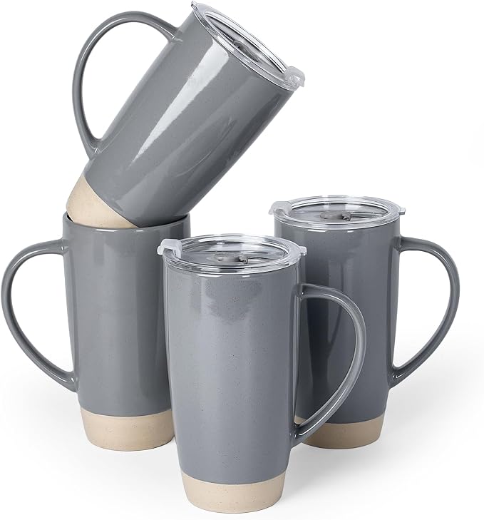 famiware Milkyway Coffee Mugs, 20oz Large Coffee Mug, Ceramic Mug Set of 4 with Lid, Cup Set with Handle for Latte, Tea, Cocoa, Milk, Home & Office, Dark Gray by Famiware