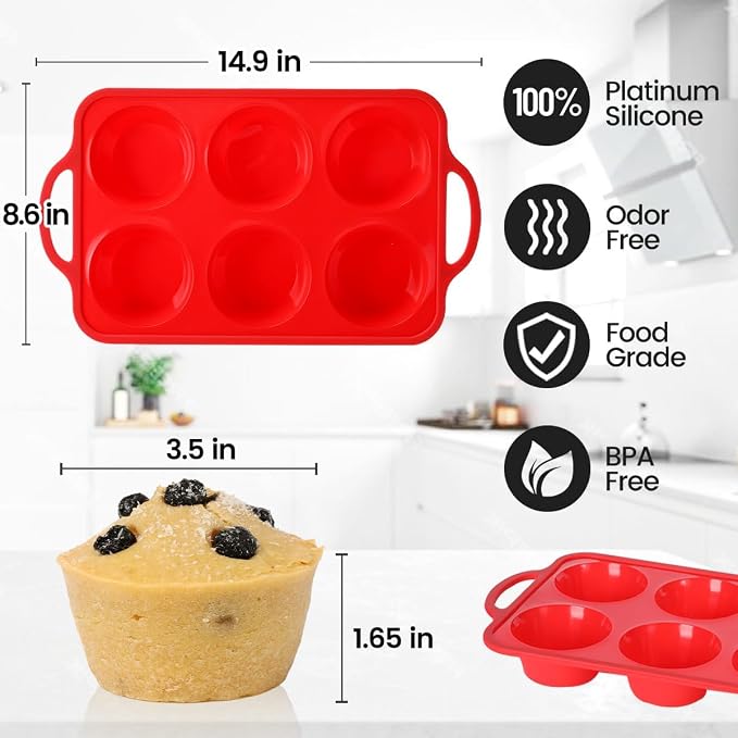 CAKETIME Jumbo Muffin Pan, 3.5 Inch Large Muffin Pan with Metal Reinforced Frame 6 Cup Silicone Jumbo Cupcake Pans for Baking Easy to Handle 2 Pack Red - Image 3