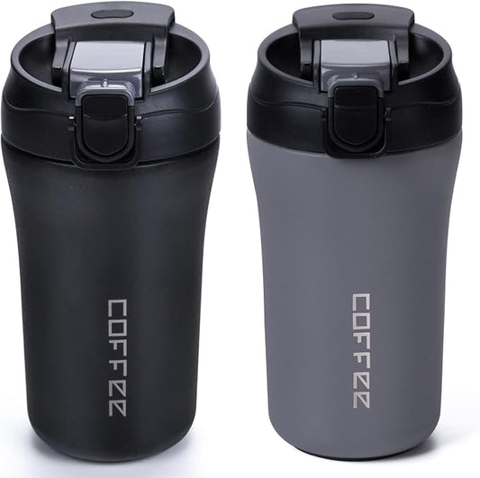 14 oz Travel Coffee Mug, 2 Pack Vacuum Insulated Stainless Steel Tumbler | Spill proof coffee travel mug with lid & straw for hot & cold drinks. Great gift for men & women (Black Grey) by XIPY
