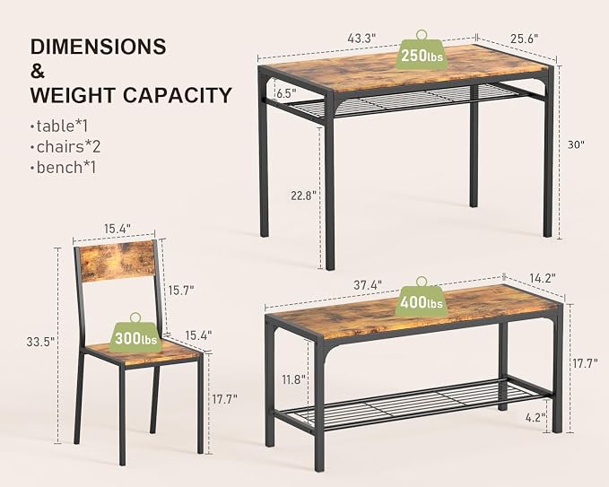 Gizoon 4-Piece Dining Table Set for 4, Kitchen Table with Bench Rustic | Space-saving rustic 4-piece dinette set with metal storage rack. Includes 2 ergonomic chairs and 1 bench. Easy to clean. - Image 3