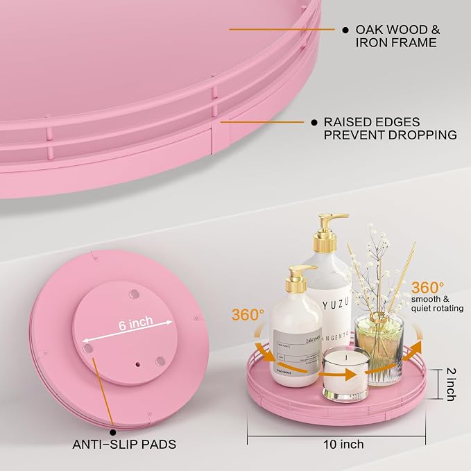 Oroyutor 10-Inch Oak Lazy Susan Vanity Tray, Pink Finish | Rotating oak tray organizes spices, toiletries and decor on kitchen counters, bathroom vanities, dining and coffee tables. - Image 5