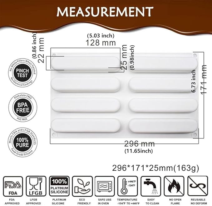 Ellipse Eclair Silicone Mold for Baking Mousse Cake, 3D Silicone Baking Mold for Cakes French Dessert Mold for Pastry Chocolate Brownie Molds, Cake Decoration, 3D Eclair Shape (8-Cavity)