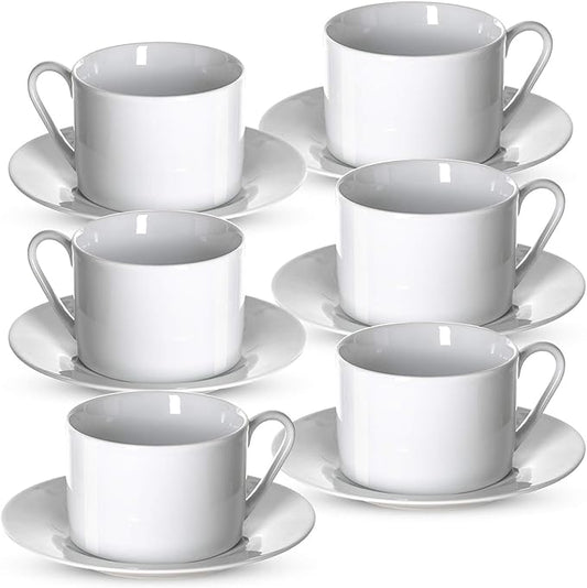 Klikel Tea Cups And Saucers Set - 6 Piece White Coffee Mug Set - 6 Inch Plates And 8.5oz Mugs - Cappuccino Cup And Saucer Set For Latte Cafe Mocha Espresso Bar
