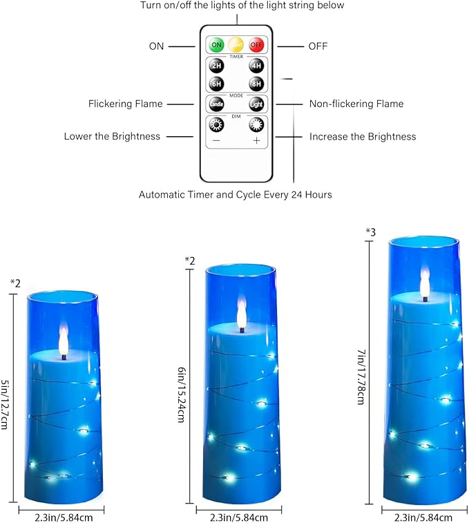 Flameless Candles,with Embedded Star String, Battery Operated Candles Flickering LED Pillar Candles with Remote Control and Timer, Home Decoration Add a Warm and Romantic Atmosphere，Set of 7 (Blue) - Image 3