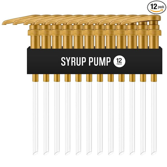 Syrup Pump for Coffee Syrup Bottles – 12-Pack Dispenser Pumps Fits 750ml / 25.4 oz Flavoring Syrup Bottles – Compatible with Torani & More – Gold Coffee Syrup Dispenser Pump for Home & Cafe Use.