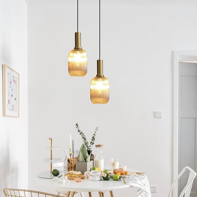 KCO Modern Brushed Gold Mini 5.1” Cylinder Amber Ribbed Glass Pendant Light | E26 Bulb Hardwired, Adjustable Cord Mid Century Vintage Brass Hanging Ceiling Lamp for Sloped Ceiling Kitchen Dining Room Bar - Image 6