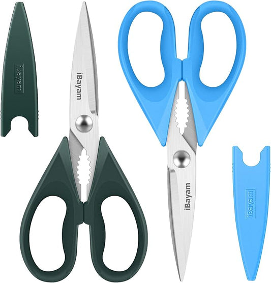 iBayam 2-Pack 8.5" Kitchen Shears, Heavy Duty, Cut Meat, Poultry, Herbs | Sharp Stainless Steel, Comfort-Grip Handles, Cuts Meat, Poultry, Herbs — 2-Pack, Dishwasher Safe, Built-In Bottle Opener by iBayamDirect