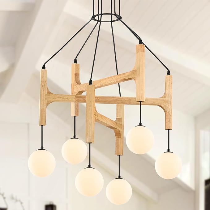 Wooden Chandeliers L28 '' Natural Farmhouse 6-Light Milk Glass Pendant Light Rustic Mid Century Long Hanging Lighting for Living Dining Room Entryway Foyer Bedroom Kitchen,G9 by PoemoonLighting