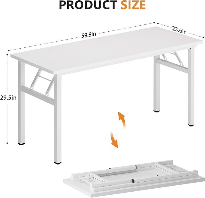 DlandHome 59.8 Inch Large Folding Computer Desk, Fully Assembled, White | Foldable Writing Table, Portable Activity Conference Table for Home Office, Wood Top Metal Frame, Collapsible Easy Storage - Image 3