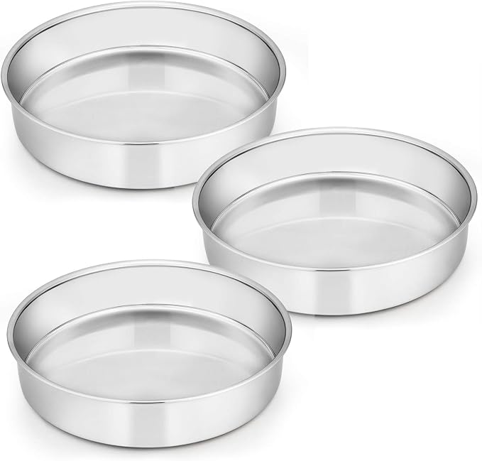 E-far 11 Inch Cake Pan Set of 3, Stainless Steel Round Cake Baking Pans, Non-Toxic & Healthy, Mirror Finish & Dishwasher Safe by E-far