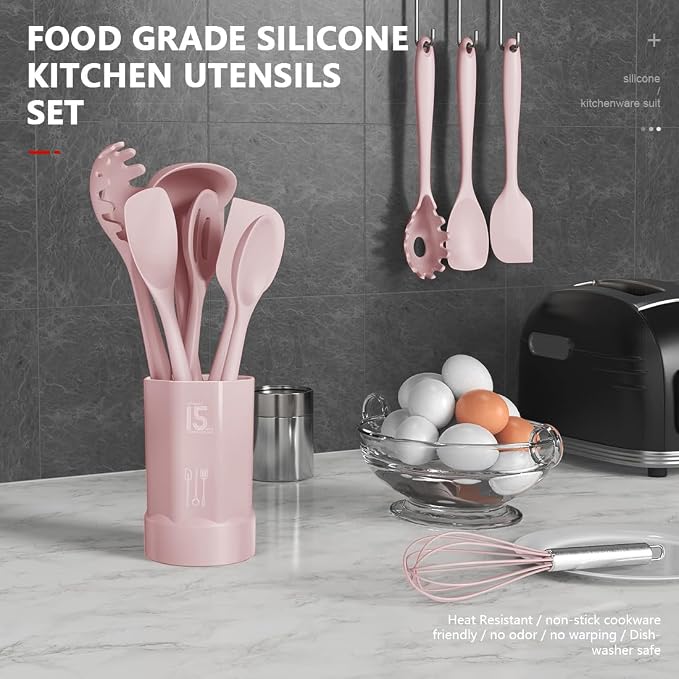 AOTHOD Silicone Cooking Utensils Set - 446°F Heat Resistant Kitchen Utensils, Spatula,Turner Tongs,Spoon,Whisk,Kitchen Utensil Gadgets Tools Set for Nonstick Cookware,Dishwasher Safe BPA Free(Pink) - Image 2
