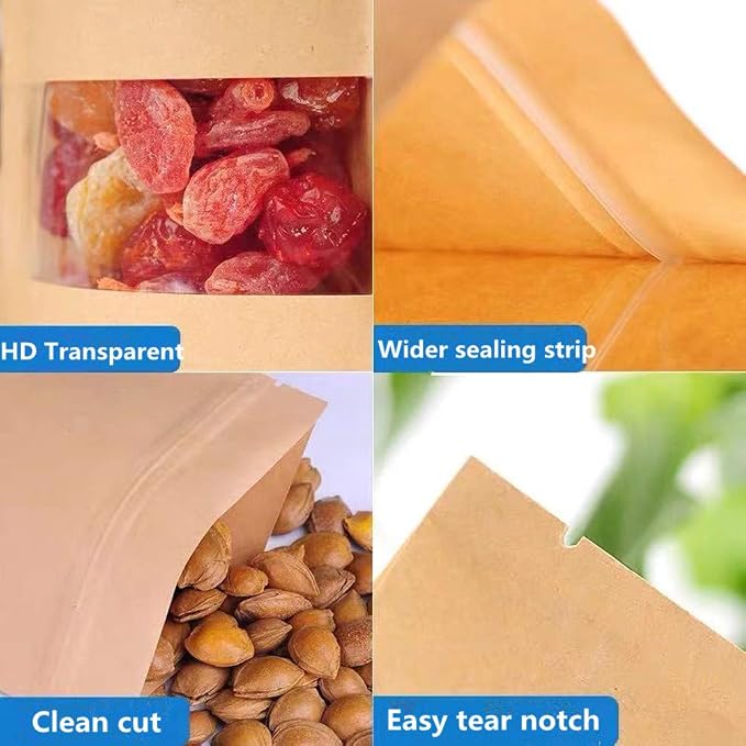 Kraft Heat Sealable Stand Up food Pouches Paper Mylar Bags With Clear Window And Zipper, Heavy Duty Decorative Resealable Recycled For DIY Homemade Chips Candy Cookies Christmas (50pcs 6x9+3.2 inch) - Image 5