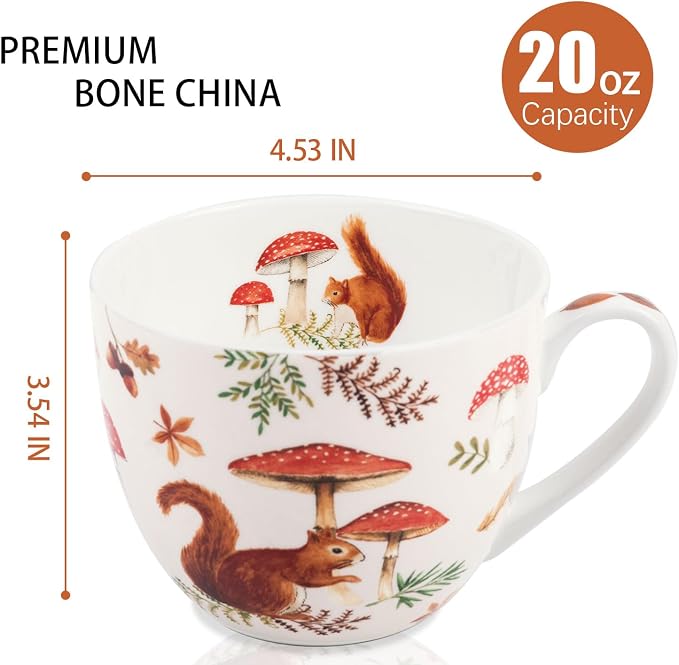 Autumn Squirrel Hug Mug – 20oz Bone China Coffee Mug, Cozy Fall Mushroom Forest Design, Gift for Nature Lovers and Friends, Designed in England by Harvest Green Studio - Image 2