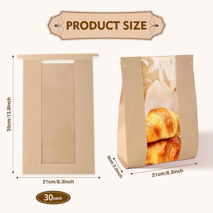 30 Pack Bakery Bags with Window Kraft Paper Bread Bags Bread Loaf Bags with Tin Tie Tab Lock Toast Bags Baked Food Packaging Storage - Image 2