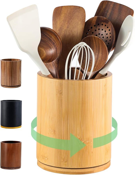 Bamboo Wood Utensil Holder, 360° Rotating 7.3 in Kitchen Organizer | Rustic farmhouse countertop decor. 360° rotating base holds spatulas, ladles, tongs, and cooking tools. Natural bamboo wood. by Unknown