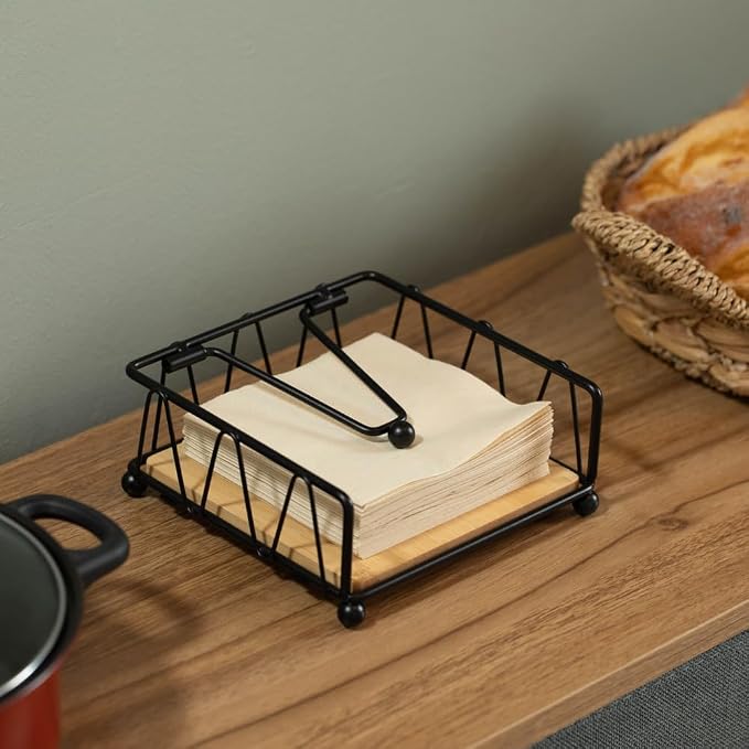 Flat Metal Square Napkin Holder with Weighted Arm and a Wooden Tray Perfect for Adorning Dining Table, Kitchen Countertop and Napkin Holder for Bathroom also Good for Outdoor Table at Restaurant - Image 2