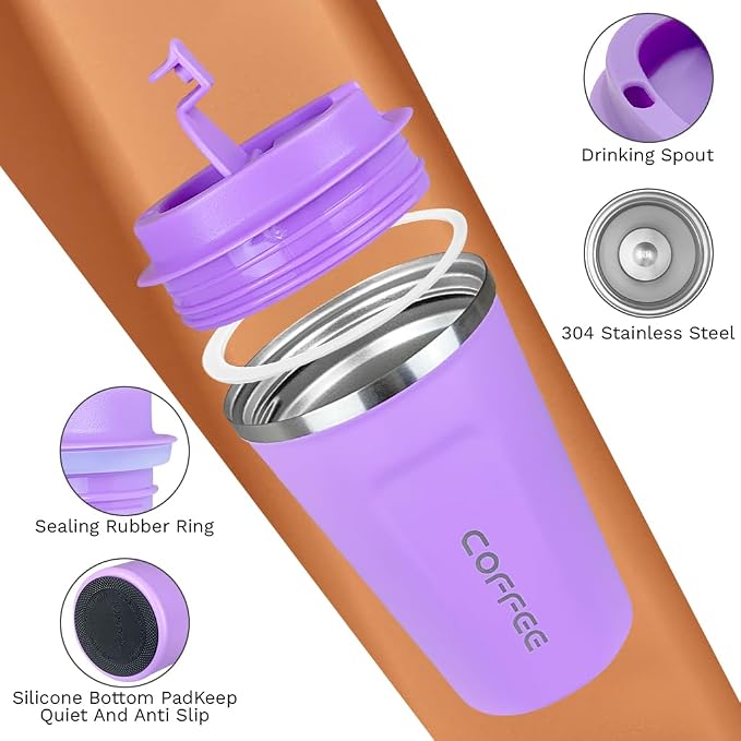 SPLMIFA Travel coffee mugs leak-proof, reusable coffee cup with lid, stainless steel vacuum insulated coffee tumblers, thermal insulation cups for men & women keep drinks hot & cold (2nd-Purple, 17OZ) - Image 3