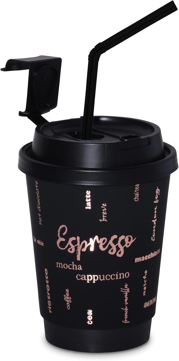 12oz Premium Disposable Coffee Cups, Double-Wall Insulated Paper Cups with Flip-Top Lids, No Sleeves Needed, To-Go Cups for Coffee, Tea, Hot Chocolate, Events, Rose Gold Print (Black, 60ct)