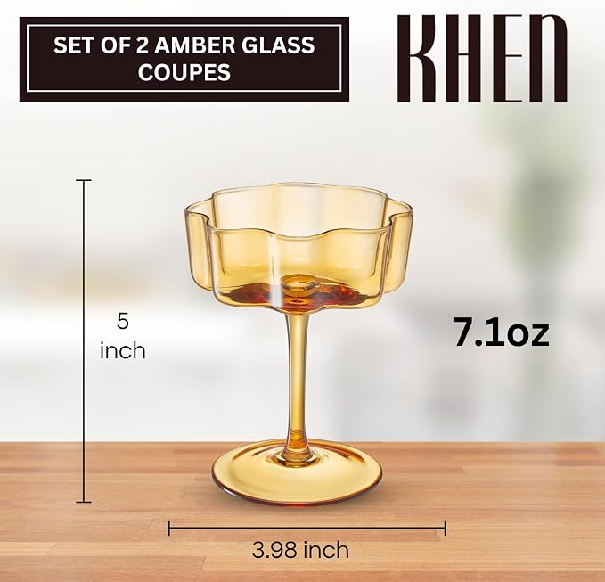 Flower Scalloped Vintage Wavy Petals Wave Glass Coupes 7oz Colorful Martini, Champagne & Cocktails, 2 Set Amber Rippled Champagne Glasses, Elegant Bar Glassware, Unique Aesthetic Coupe Glassware Gifts - Image 4