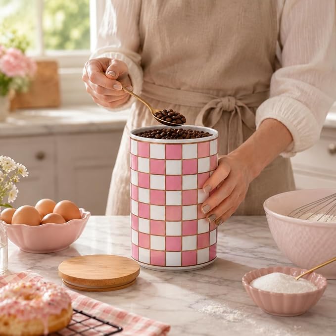 Kitchen Countertop Ceramic Checkered Canisters,Black And White Food Storage Containers With Lid,Airtight Kitchen Canisters for Flour, Sugar, Coffee, Tea, and Dry Goods (Pink, XL) - Image 8